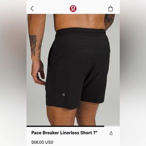 Lululemon men’s pace breaker 7” liner less black shorts